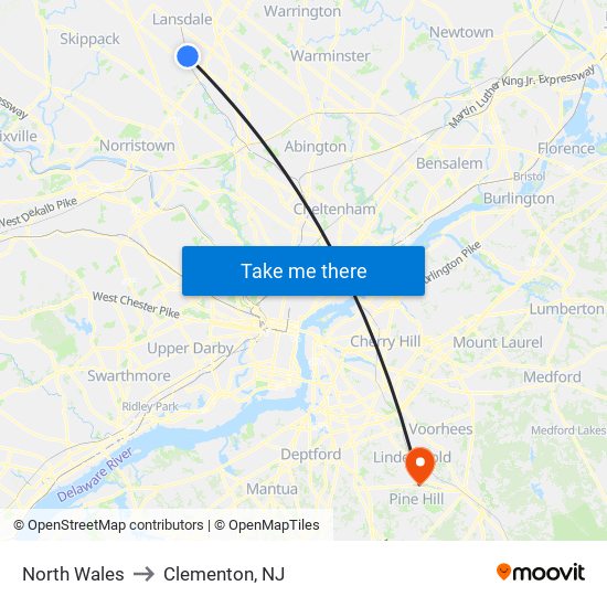 North Wales to Clementon, NJ map