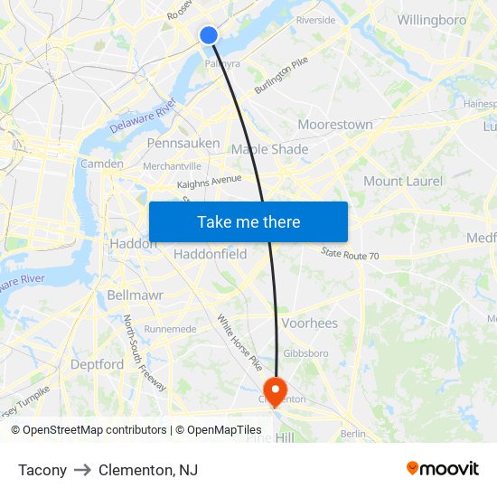 Tacony to Clementon, NJ map