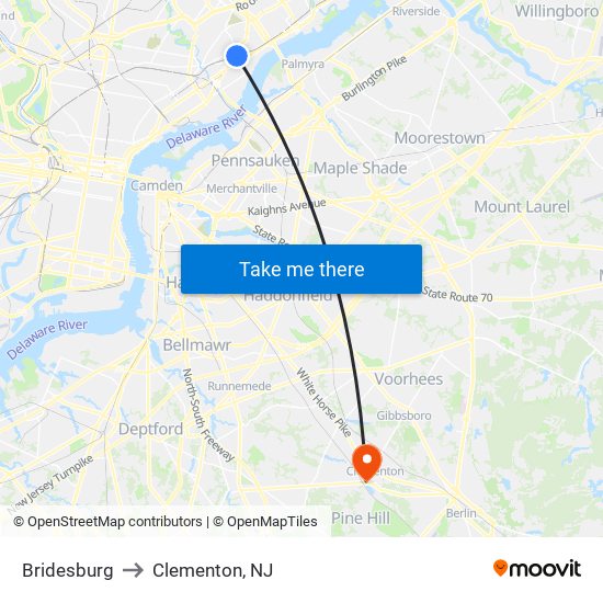 Bridesburg to Clementon, NJ map