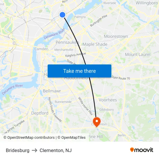 Bridesburg to Clementon, NJ map