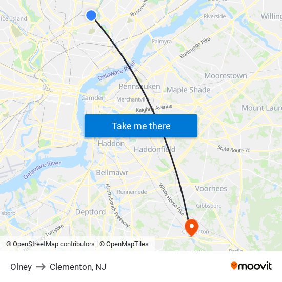 Olney to Clementon, NJ map