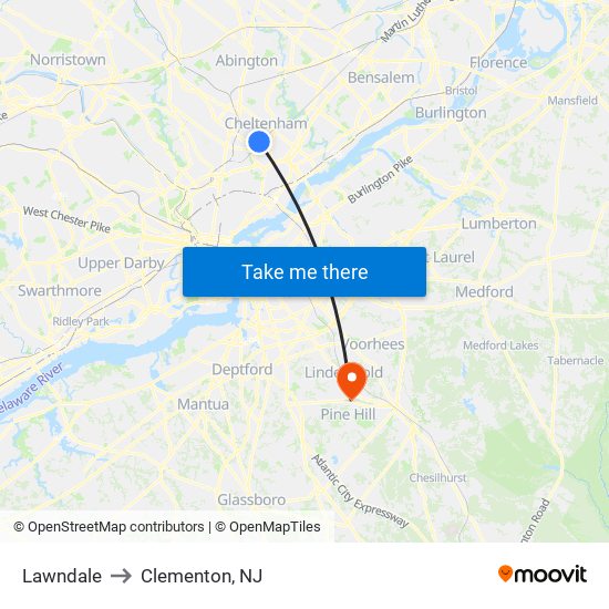 Lawndale to Clementon, NJ map