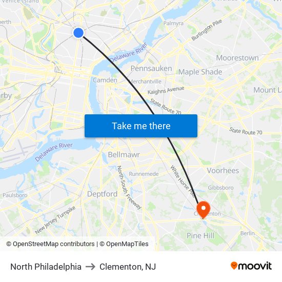 North Philadelphia to Clementon, NJ map