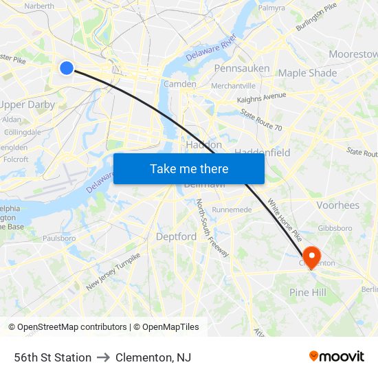 56th St Station to Clementon, NJ map