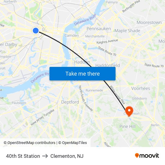 40th St Station to Clementon, NJ map