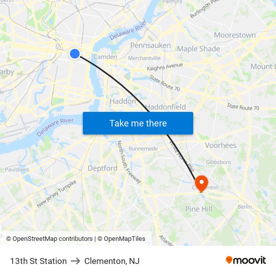 13th St Station to Clementon, NJ map