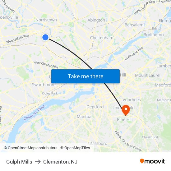 Gulph Mills to Clementon, NJ map