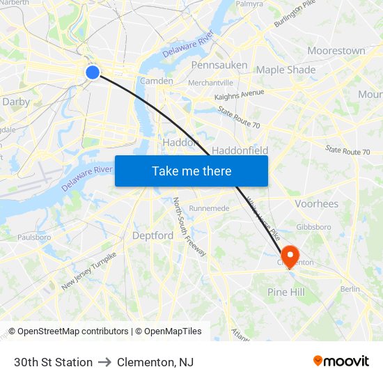 30th St Station to Clementon, NJ map