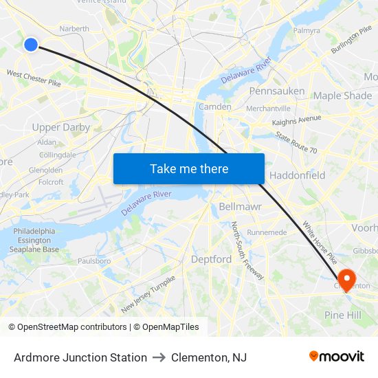 Ardmore Junction Station to Clementon, NJ map