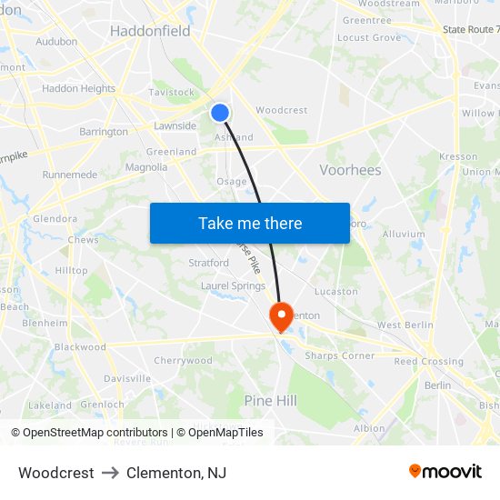 Woodcrest to Clementon, NJ map