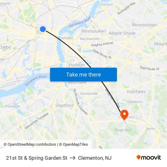 21st St & Spring Garden St to Clementon, NJ map