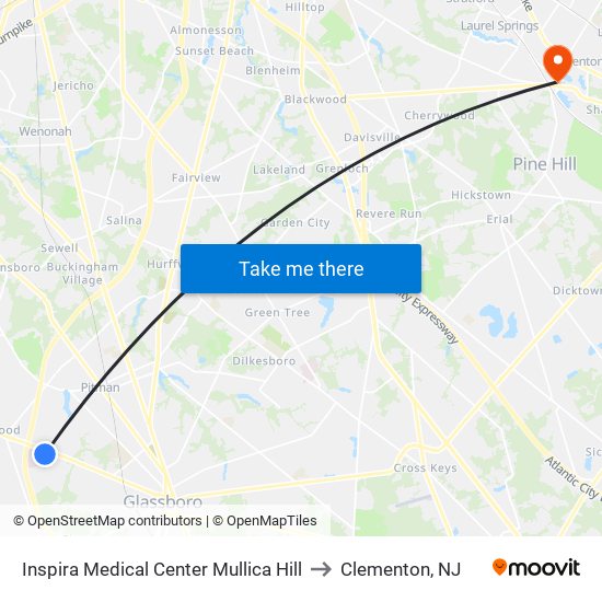 Inspira Medical Center Mullica Hill to Clementon, NJ map