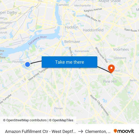 Amazon Fulfillment Ctr - West Deptford to Clementon, NJ map