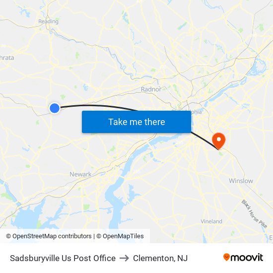 Sadsburyville Us Post Office to Clementon, NJ map