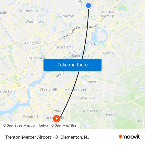Trenton-Mercer Airport to Clementon, NJ map