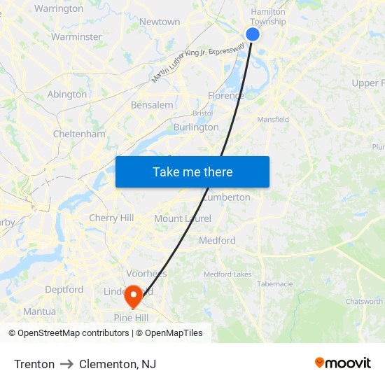 Trenton to Clementon, NJ map