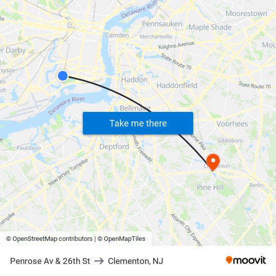 Penrose Av & 26th St to Clementon, NJ map