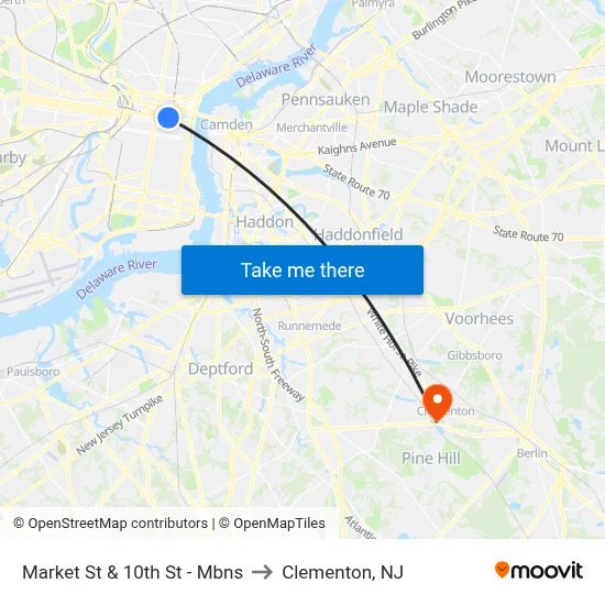 Market St & 10th St  - Mbns to Clementon, NJ map