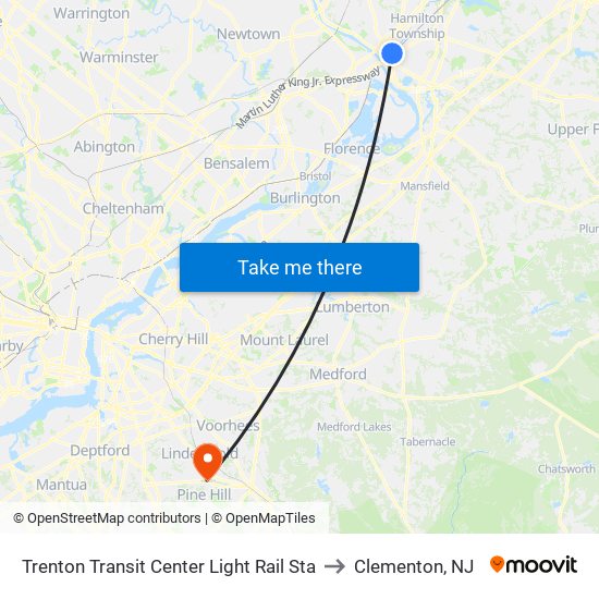 Trenton Transit Center Light Rail Sta to Clementon, NJ map
