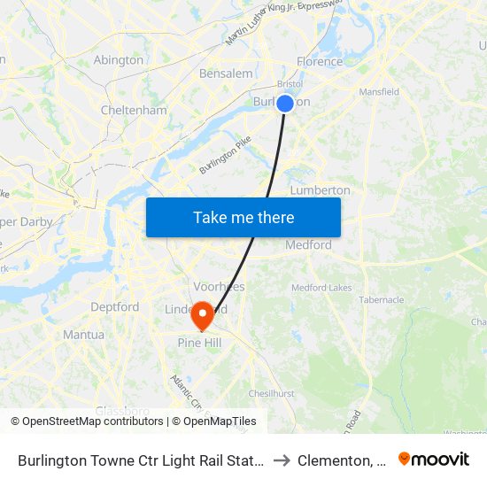 Burlington Towne Ctr Light Rail Station to Clementon, NJ map