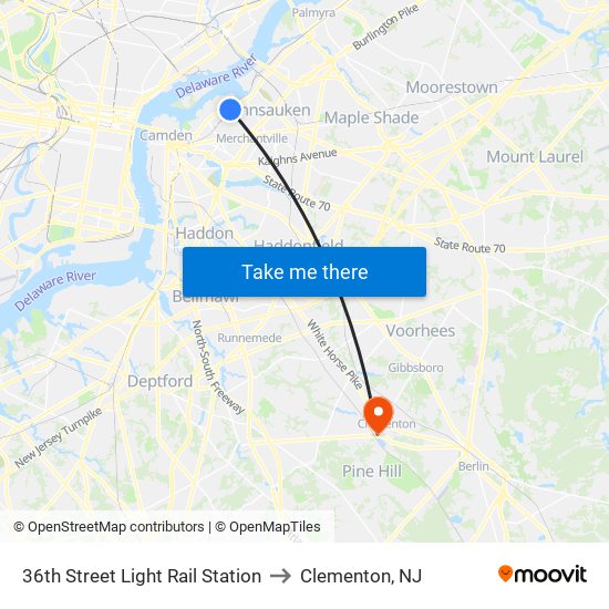 36th Street Light Rail Station to Clementon, NJ map
