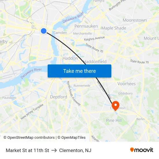 Market St at 11th St to Clementon, NJ map