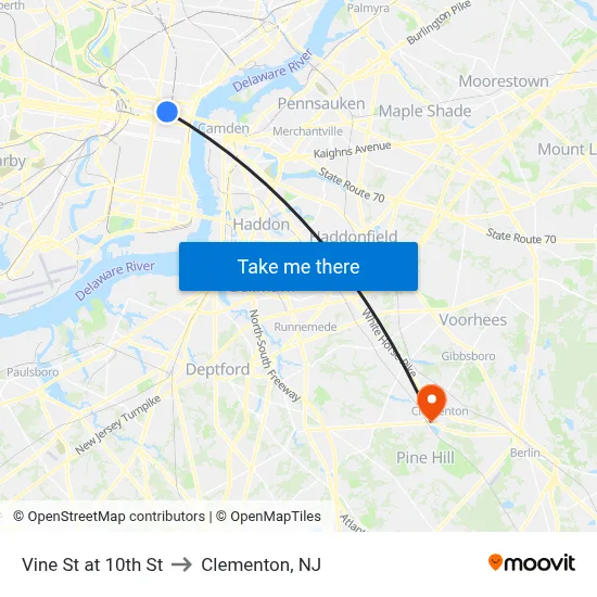 Vine St at 10th St to Clementon, NJ map
