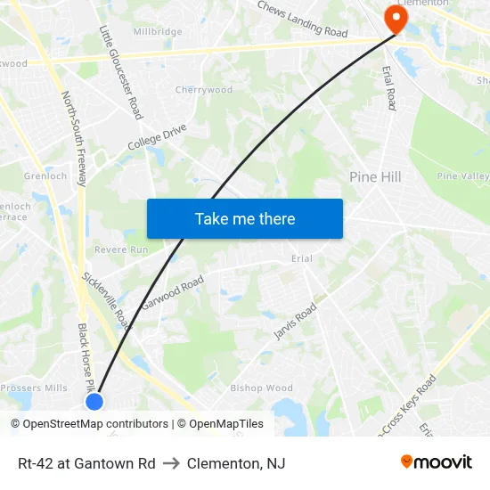 Rt-42 at Gantown Rd to Clementon, NJ map