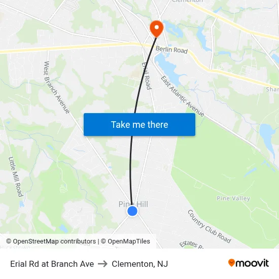 Erial Rd at Branch Ave to Clementon, NJ map