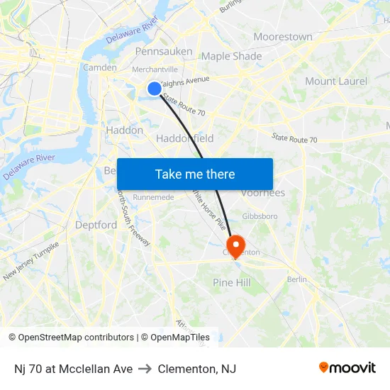 Nj 70 at Mcclellan Ave to Clementon, NJ map