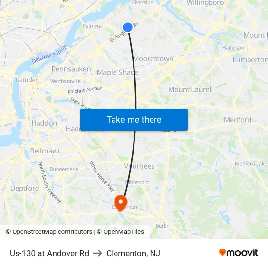 Us-130 at Andover Rd to Clementon, NJ map