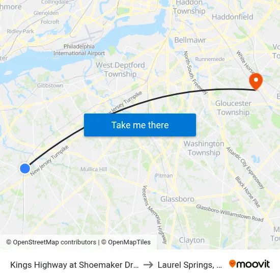 Kings Highway at Shoemaker Drive to Laurel Springs, NJ map