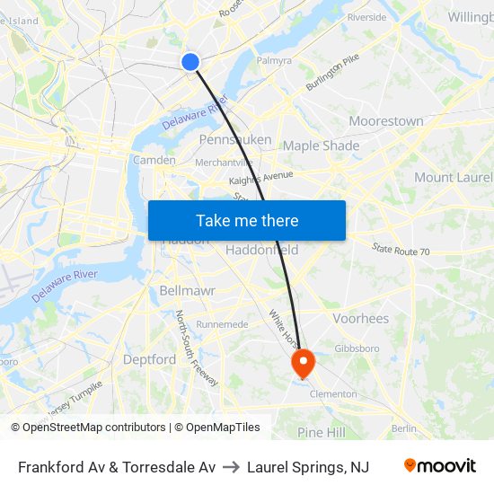 Frankford Av & Torresdale Av to Laurel Springs, NJ map