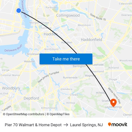 Pier 70 Walmart & Home Depot to Laurel Springs, NJ map