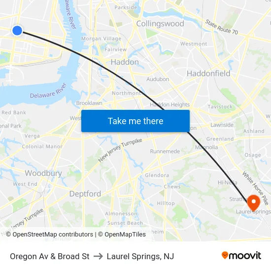 Oregon Av & Broad St to Laurel Springs, NJ map