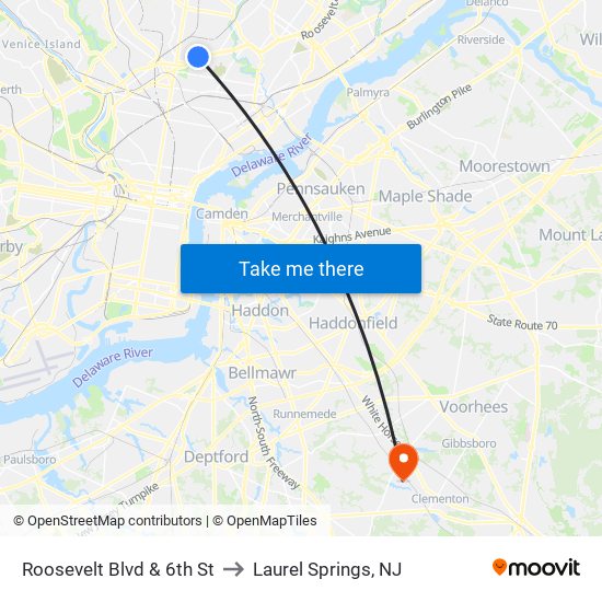 Roosevelt Blvd & 6th St to Laurel Springs, NJ map