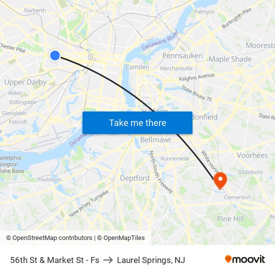 56th St & Market St - Fs to Laurel Springs, NJ map