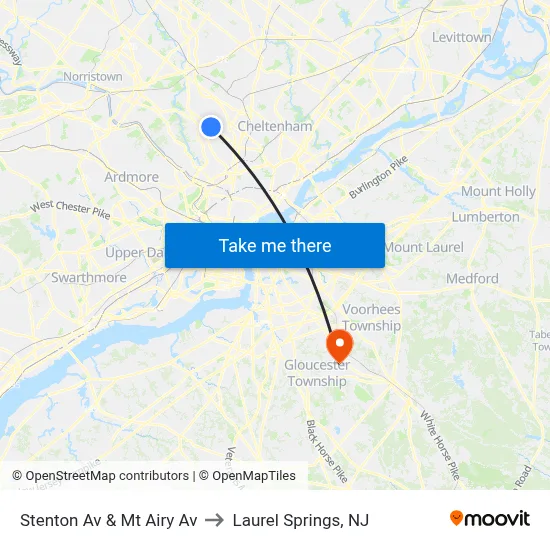 Stenton Av & Mt Airy Av to Laurel Springs, NJ map