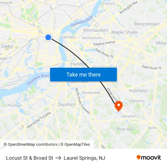 Locust St & Broad St to Laurel Springs, NJ map