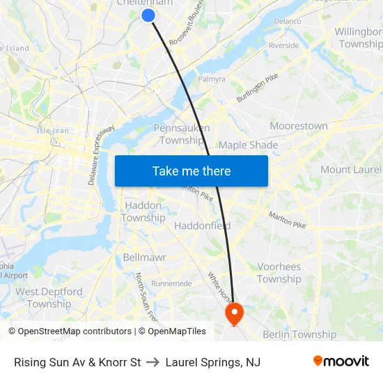 Rising Sun Av & Knorr St to Laurel Springs, NJ map