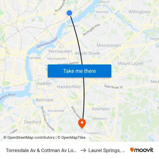 Torresdale Av & Cottman Av Loop to Laurel Springs, NJ map