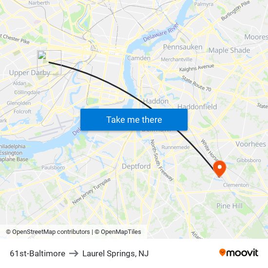 61st-Baltimore to Laurel Springs, NJ map