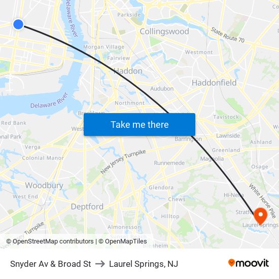 Snyder Av & Broad St to Laurel Springs, NJ map