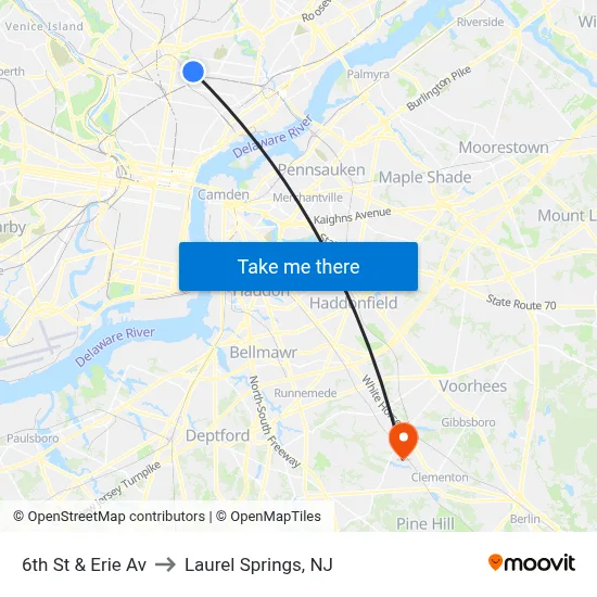 6th St & Erie Av to Laurel Springs, NJ map