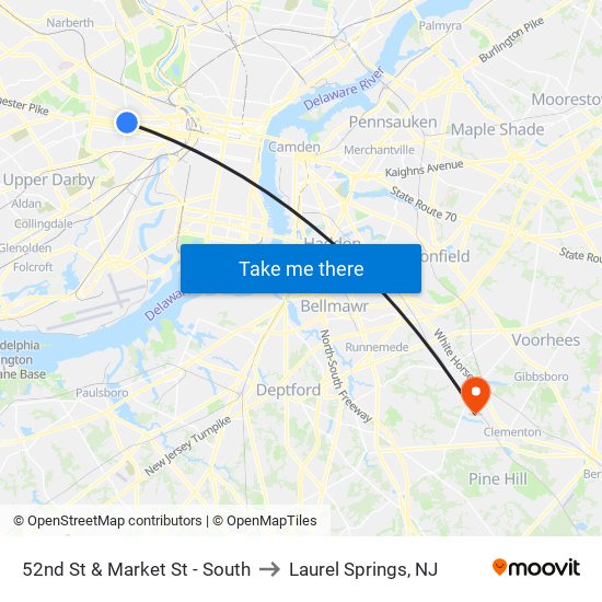 52nd St & Market St - South to Laurel Springs, NJ map