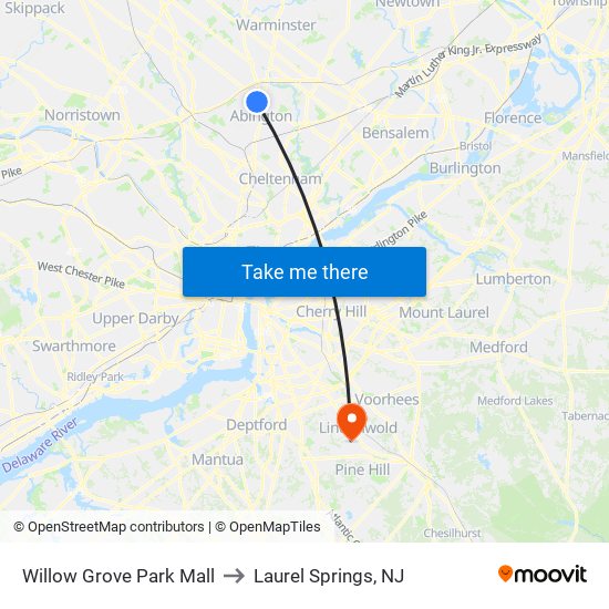 Willow Grove Park Mall to Laurel Springs, NJ map