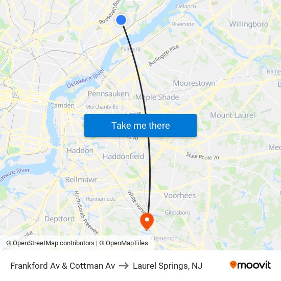 Frankford Av & Cottman Av to Laurel Springs, NJ map