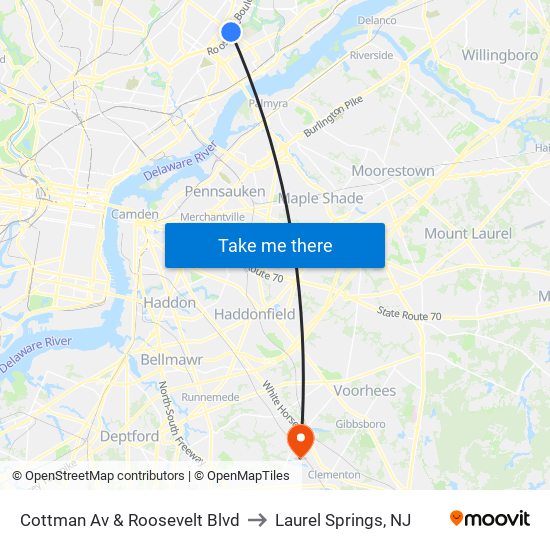 Cottman Av & Roosevelt Blvd to Laurel Springs, NJ map