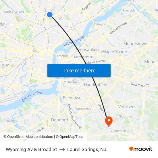 Wyoming Av & Broad St to Laurel Springs, NJ map