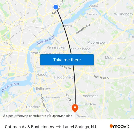 Cottman Av & Bustleton Av to Laurel Springs, NJ map